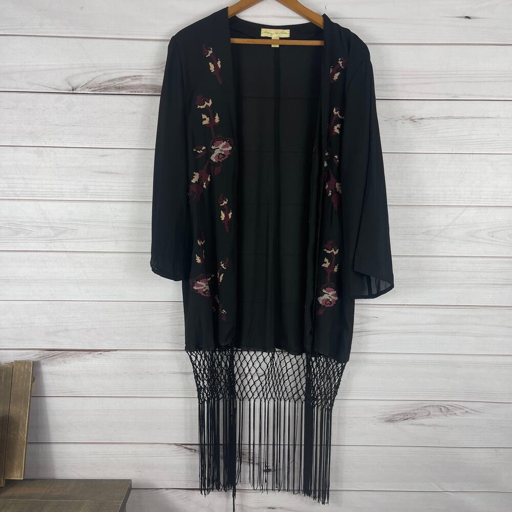 Staring at Stars Kimono Women Small Black Embroidered Fringe Open Front Cardigan